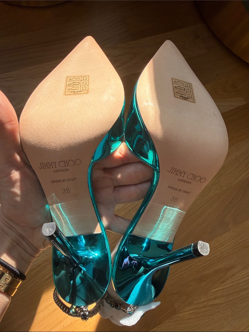 Jimmy Choo Saeda 100 Metallic Teal Pointed Toe Heels with Crystal Anklet - Picture 14 of 16